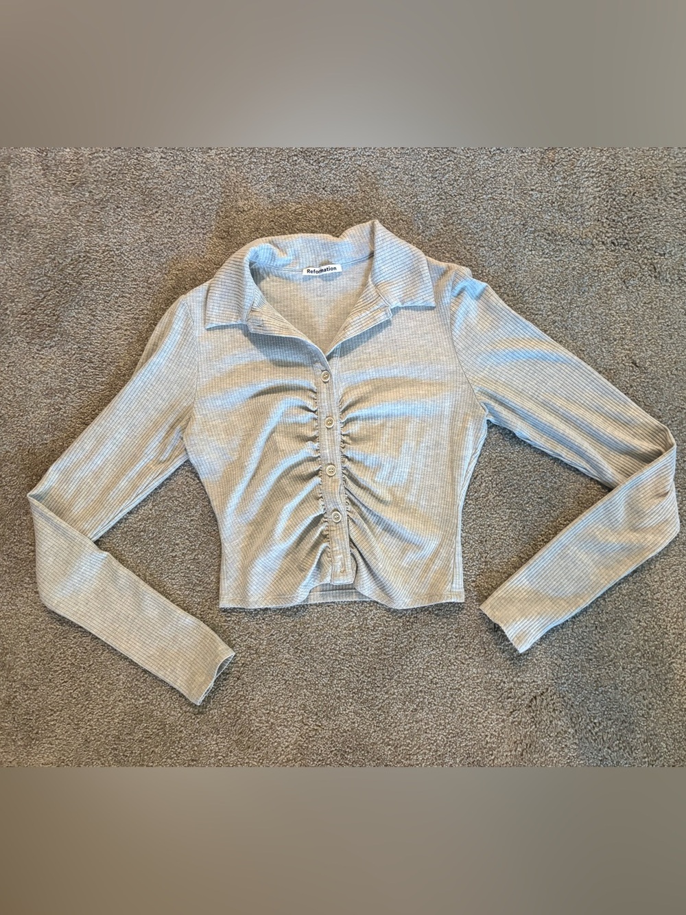 Reformation Heather Gray Ribbed Ruched Button Crop Top